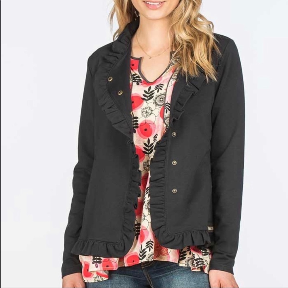 Matilda Jane “All Is Calm” soft jersey stretch ruffle trimmed snap front jacket